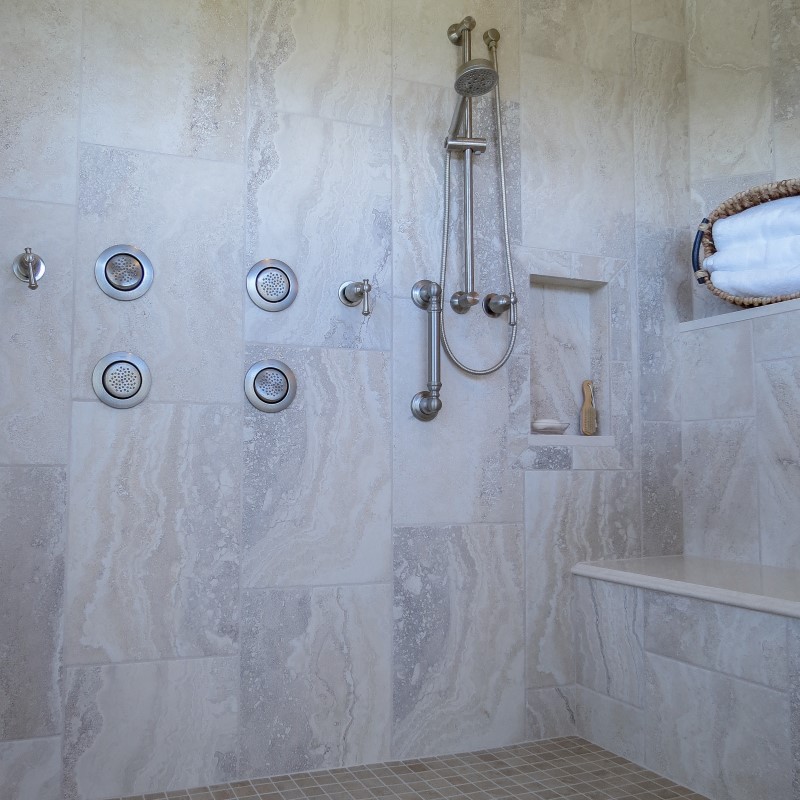 Aging in place update, curbless shower with seat and adjustable showerhead, Golden Rule Remodeling & Design, Salem Oregon