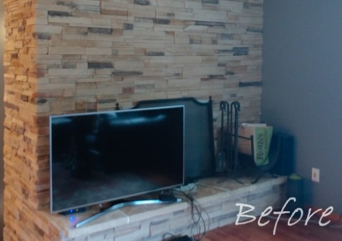 Stacked stone fireplace with rustic reclaimed wood mantle and honed slab hearth, fireplace remodel (before), Golden Rule Remodeling & Design Silverton Oregon